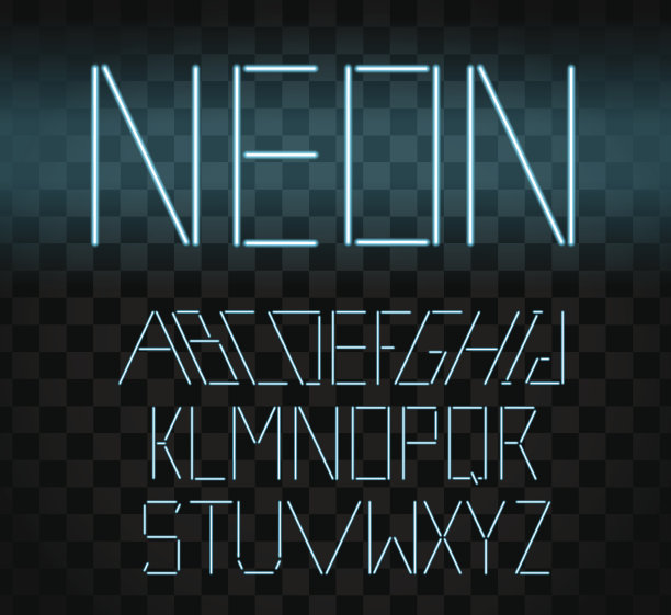 青色发光的霓虹灯条字母表透明的背景。发光的字体。矢量图图片下载
