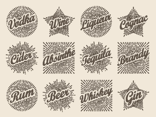 复古设计的日爆标签，辐射星爆伏特加酒，苹果酒和酒精。图片下载