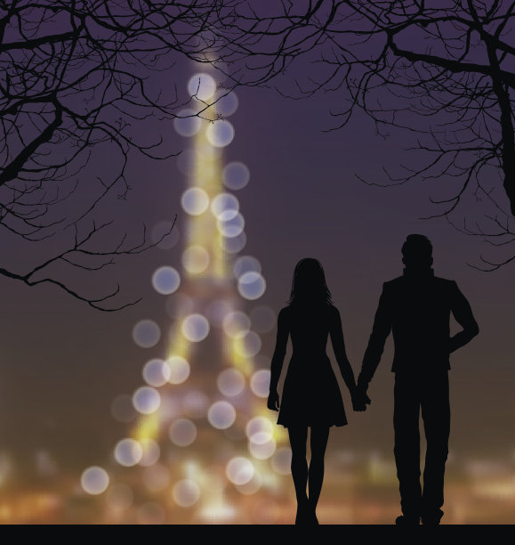 埃菲尔铁塔旁一对夫妇的剪影图片下载