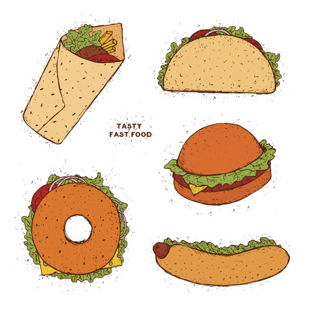 一套快餐。墨西哥玉米卷，热狗，汉堡包，烤肉串，甜甜圈。手绘彩色涂鸦插图。图片下载