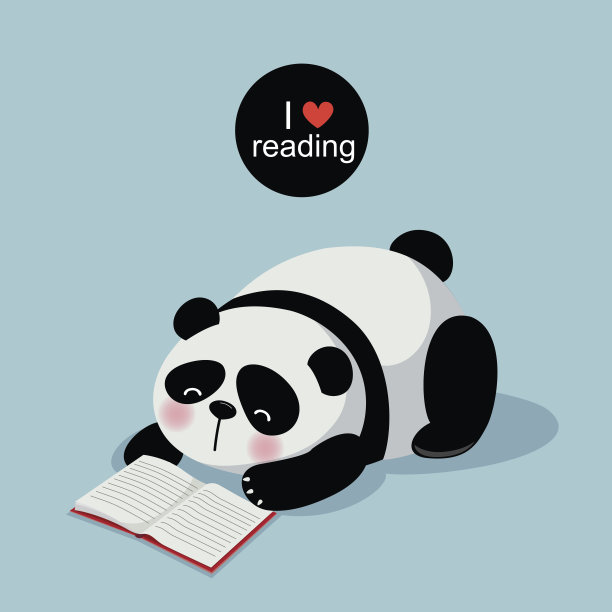 可爱的熊猫在灰色的背景上看书图片下载