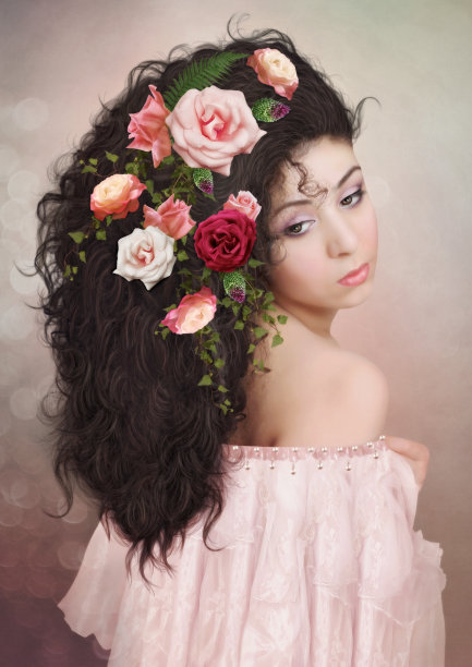 戴着玫瑰的年轻女孩的肖像图片下载