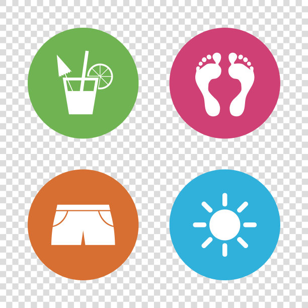 海滩假期图标。鸡尾酒,人类的足迹。图片下载