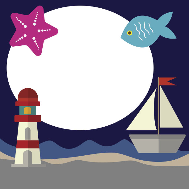 海上灯塔帆船鱼的图标矢量图片下载