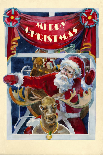 圣诞快乐圣诞水彩画卡圣诞老人和雨鹿素材图片