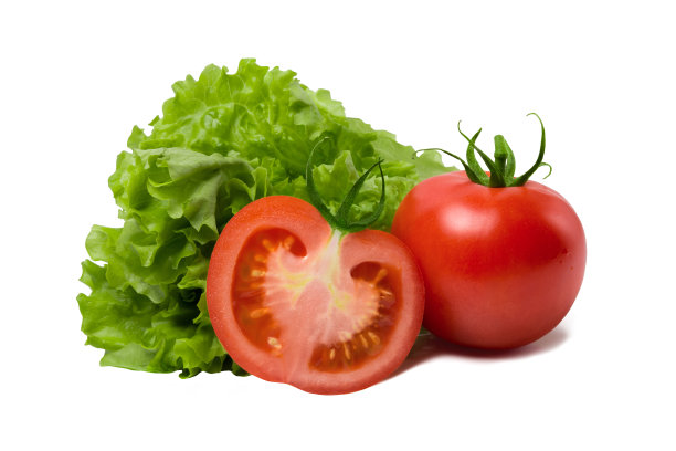 西红柿在生菜的背景上图片下载