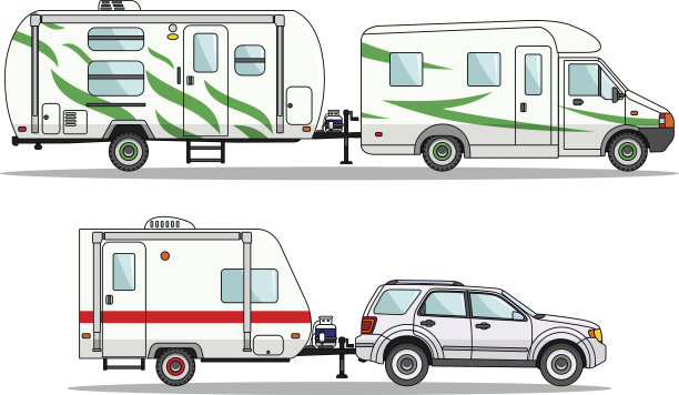 白色背景上的一组汽车和旅行拖车。图片下载