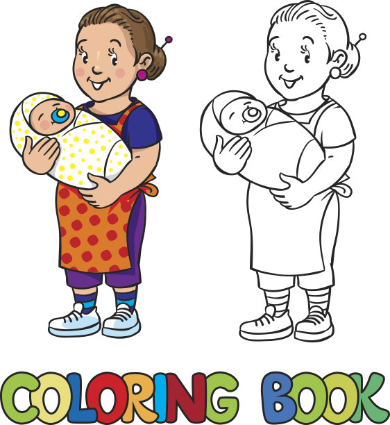 带宝宝的有趣保姆。彩色的书。图片下载