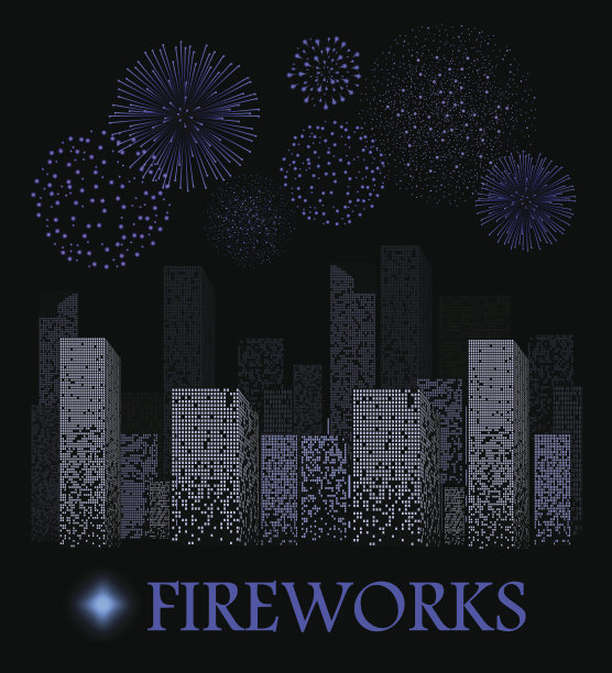 蓝色烟花表演在夜晚的城市景观背景。矢量图图片下载