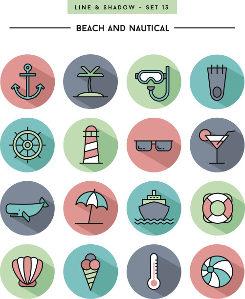 平面设计，长影子，细线海滩和航海图标图片下载
