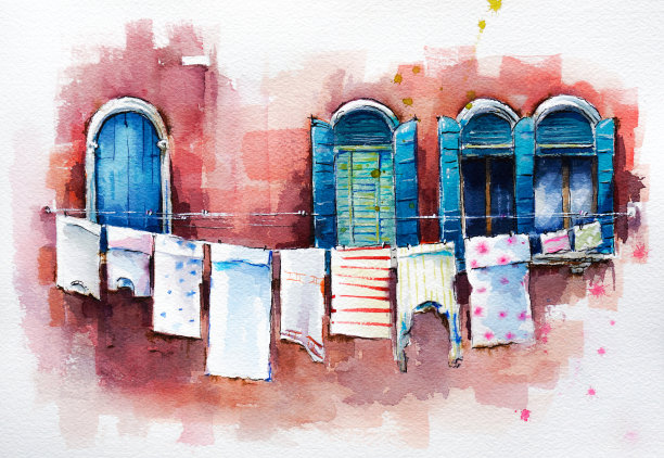 威尼斯的窗户。水彩画。图片下载