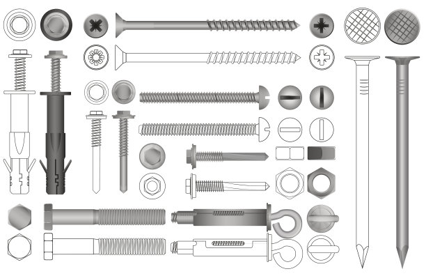 逼真和线条螺母、螺栓、螺钉和铆钉矢量素材素材图片