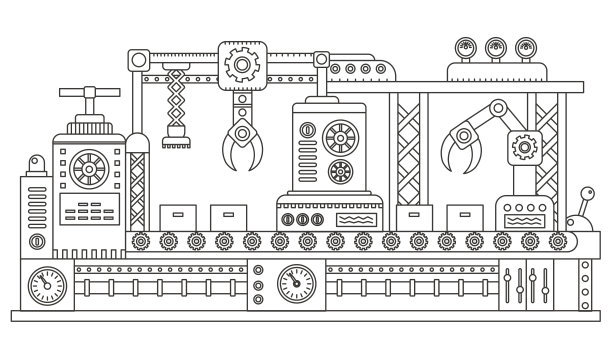 电脑控制的纸板箱包装机器人工业流水线。工厂建筑机械技术设备，工程轮廓笔画矢量插图。图片下载