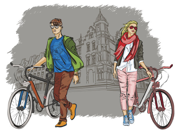 在城市背景下骑自行车的年轻夫妇图片下载