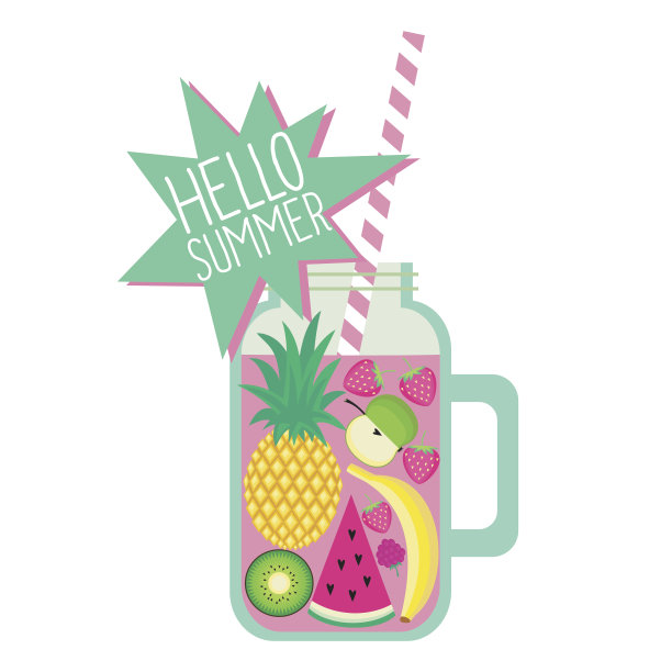 你好,夏天的名片。新鲜的冰沙和水果在白色的背景。图片下载