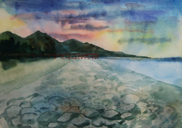 风景秀丽的海滩落日与远处的码头，手绘水彩画插图图片下载