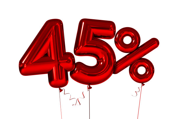 45个百分比为红色的充气数字。三维渲染图片下载