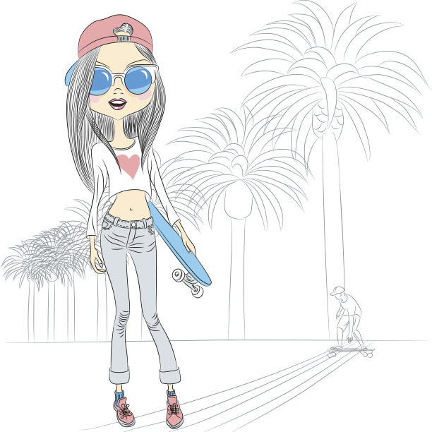 向量时尚美丽的女孩与滑板图片下载