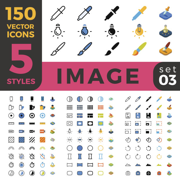 图片图像web移动用户界面矢量图标设置在线性轮廓平面等距样式。五种二维和三维对象的软件和网站符号。应用程序用户界面元素收集。图片下载