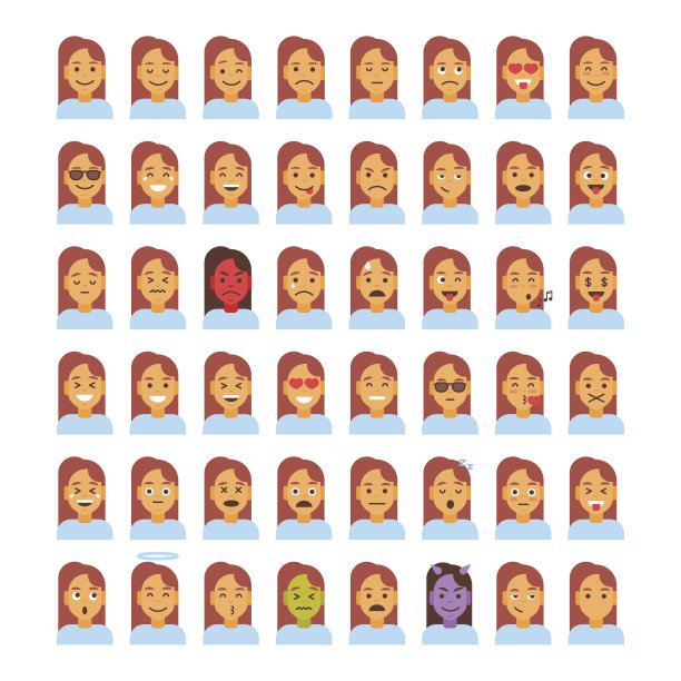头像图标女性不同情感设置头像，女性卡通肖像脸集合图片下载