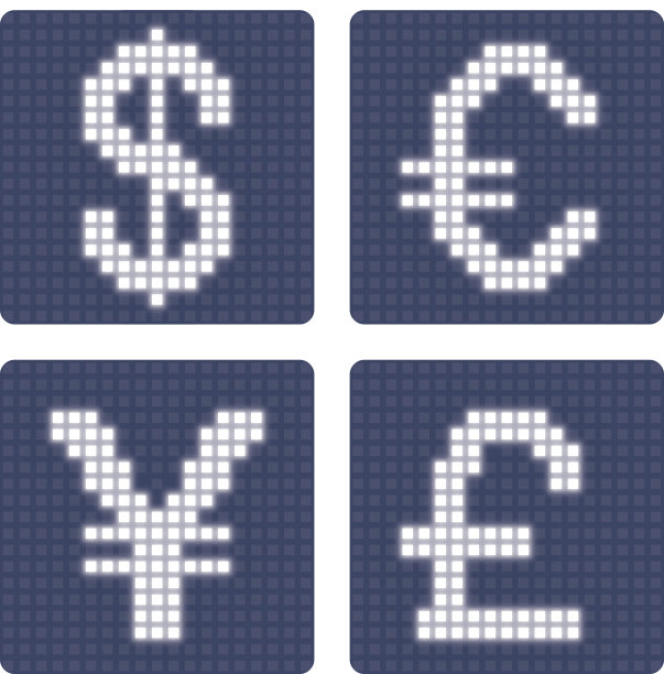 货币图标，美元，欧元，日元，英镑符号，发光的像素网格图片下载