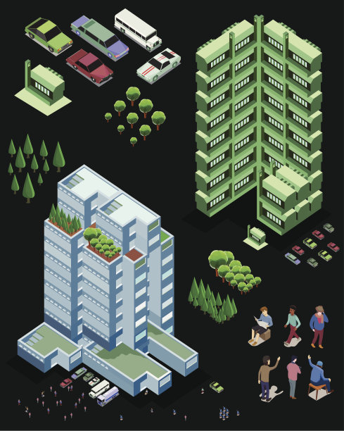 摩天大楼。向量等距的建筑。用于游戏元素地图对象图片下载