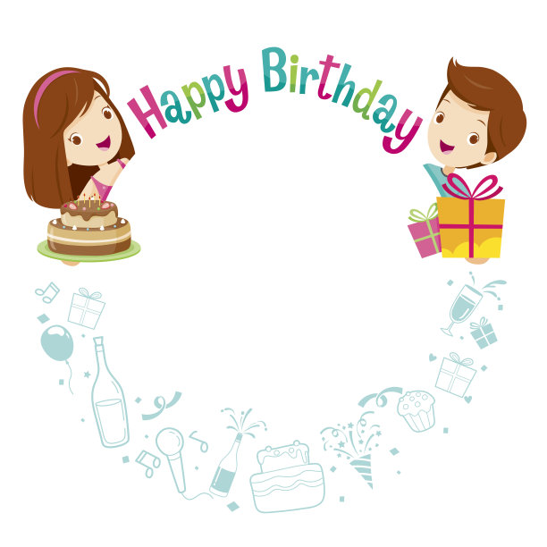 男孩，女孩和图标与生日圆框架图片下载
