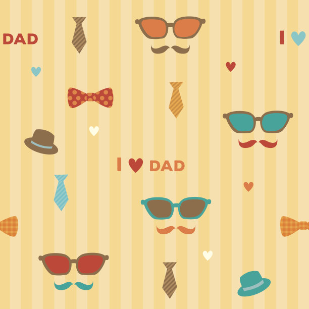 新潮风格的配件象征着父亲节的节日“我爱爸爸”的信息装饰成无缝图案的复古设计和条纹背景。图片下载