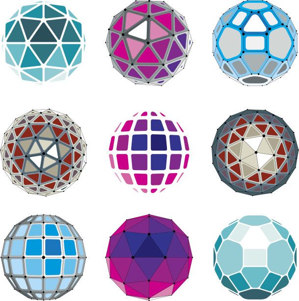 与连接的线和点，三维几何线框形状的向量低多边形球体的集合。透视三角学小平面球体创建三角形，正方形和五边形。图片下载