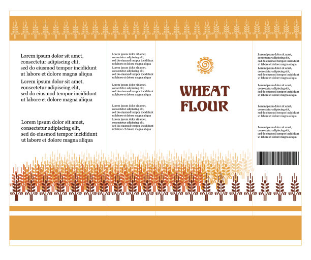 包装设计。小麦粉或意大利面，通心粉，意大利细面条。小麦穗的矢量插图和标签。图片下载