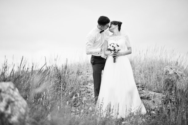 一对奇妙的新婚夫妇走在高高的草地上，松树和岩石在背后牵着手。黑白照片。图片下载