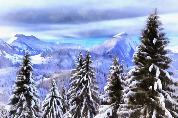 美丽的冬季景观与积雪的树木图片下载