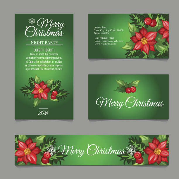 四张带有冬青浆果的绿色明信片图片下载