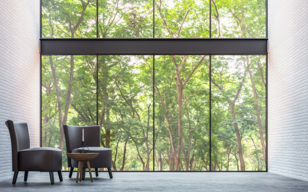 现代阁楼客厅与自然视图3d渲染图像素材图片