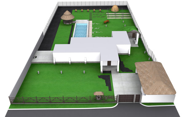 景观乡村风格前院鸟瞰图，3D渲染图片下载