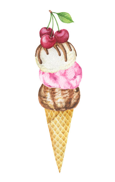 水彩华夫蛋筒与巧克力，香草和水果冰淇淋装饰樱桃。图片下载