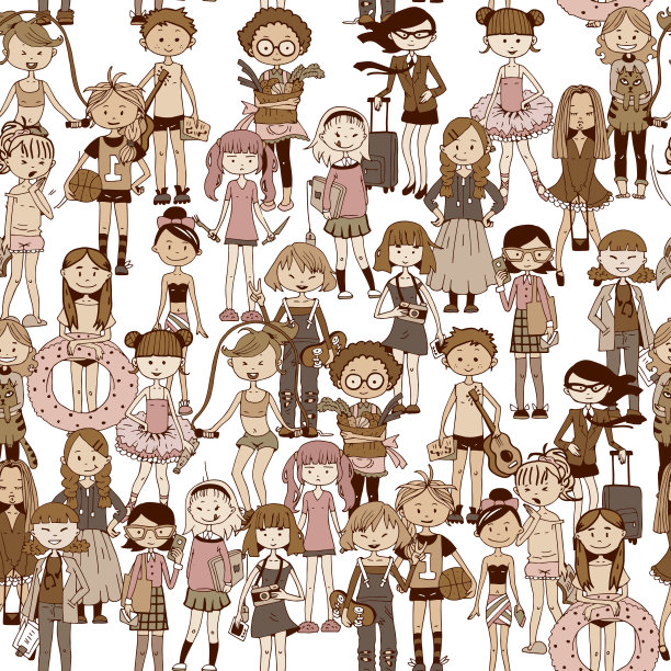 卡通女孩无缝图案，彩色矢量人物手绘涂鸦图片下载