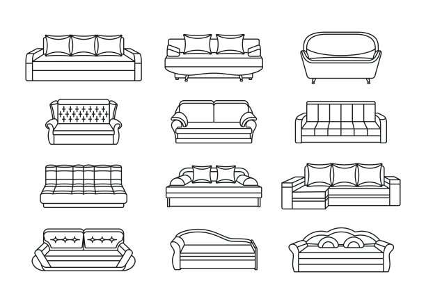 线条图标沙发集。家居内饰家具的收藏。矢量插图在平面风格。图片下载