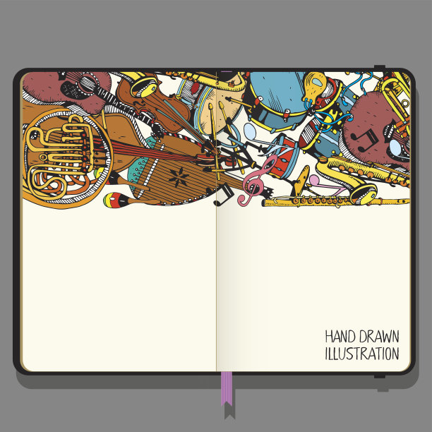 矢量素描簿与阴影和手绘涂鸦。收藏乐器。图片下载