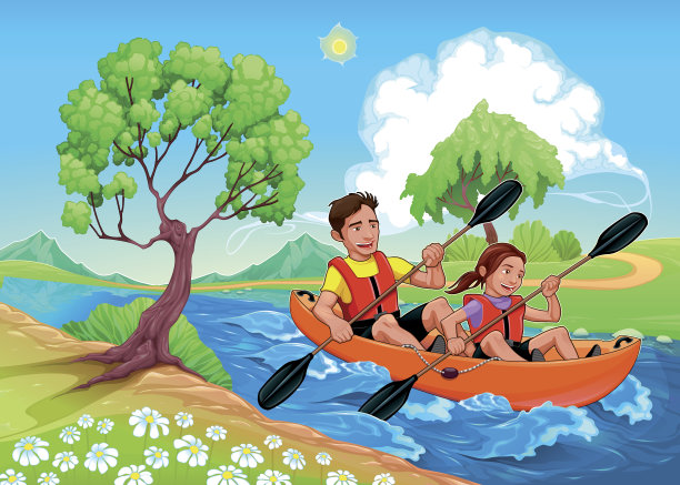 父女在河上划着皮艇图片下载