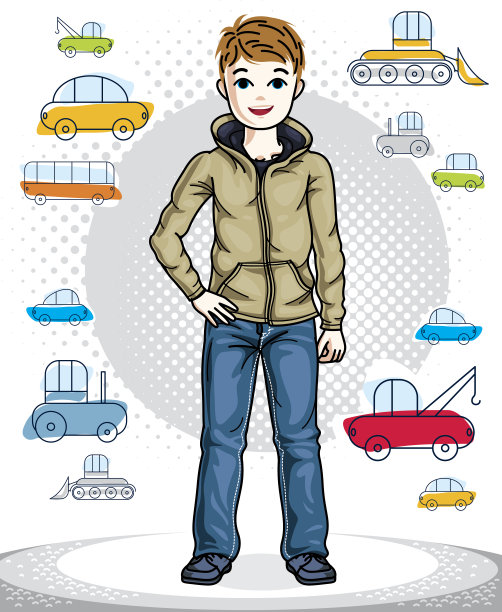 年轻的男孩可爱漂亮的站在时尚的休闲衣服。矢量美丽的人类插图。童年生活方式的卡通。图片下载