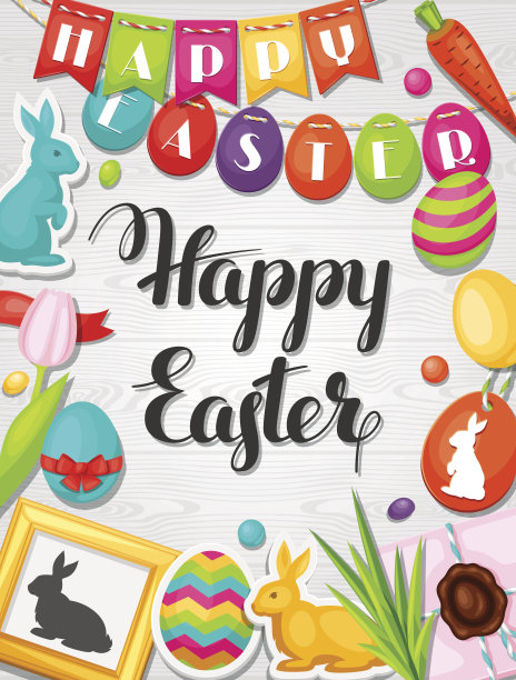 复活节快乐贺卡装饰物品，鸡蛋，兔子贴纸图片下载