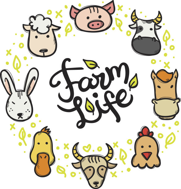 矢量农场动物涂鸦风格的圆形框架与手写字母图片下载