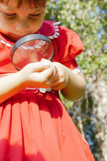 女孩透过放大镜看外面的草地图片下载