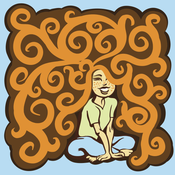 卷毛红发女孩盘腿而坐图片下载