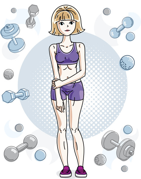 年轻美丽的金发运动女人摆姿势与哑铃和杠铃简单的背景。矢量插图有吸引力的女性。积极健康的生活方式主题卡通。图片下载