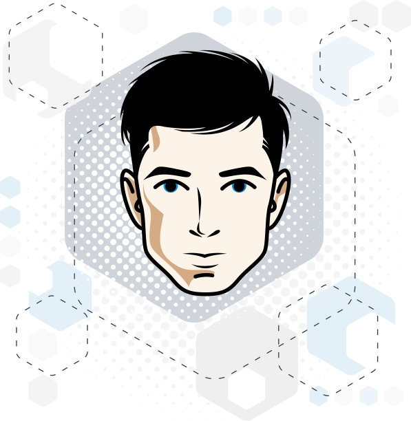 英俊的深色男性脸与胡子的矢量插图，正面的面部特征，剪贴画。图片下载