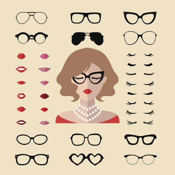 向量套装的化妆构造与不同的女人睫毛，眼镜，嘴唇在平面风格。女性面孔图标创造者图片下载