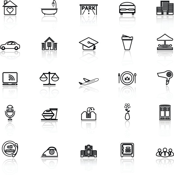 酒店业务线图标与反映在白色的背景图片下载