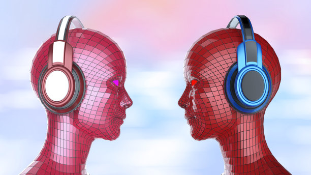 两个彩色的迪斯科女孩机器人头和闪亮的眼睛图片下载